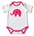 A white short-sleeve baby bodysuit with bright pink trim and a large pink elephant graphic on the front, photographed flat against a white background.