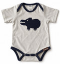 A short-sleeve baby bodysuit in off-white with navy blue trim and a dark navy hippo graphic on the chest. The brand 'Sam & Seb' is visible on the inner neck label and the bottom hem tag.