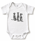 A white short-sleeve baby bodysuit featuring a black and white graphic print of three standing meerkats on the front. The brand name 'Sam & Seb' is visible on the inner neck label and near the bottom right corner.
