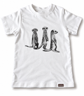 A white short-sleeve kids t-shirt featuring a black and white graphic print of three standing meerkats on the front. The t-shirt is laid flat against a clean white background, with a small brown brand tag visible near the bottom right hem.