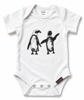 A white short-sleeve baby bodysuit featuring a black and white graphic print of two penguins on the front. The bodysuit has three snap closures at the crotch and a small brand tag near the bottom right.