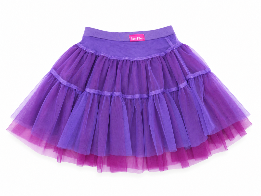 A purple tiered tulle tutu skirt with a matching purple waistband, shown against a plain white background.