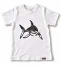 A white short-sleeve kids' t-shirt featuring a black graphic print of a shark on the front, with a small brown 'Sam & Seb' brand tag near the bottom hem.